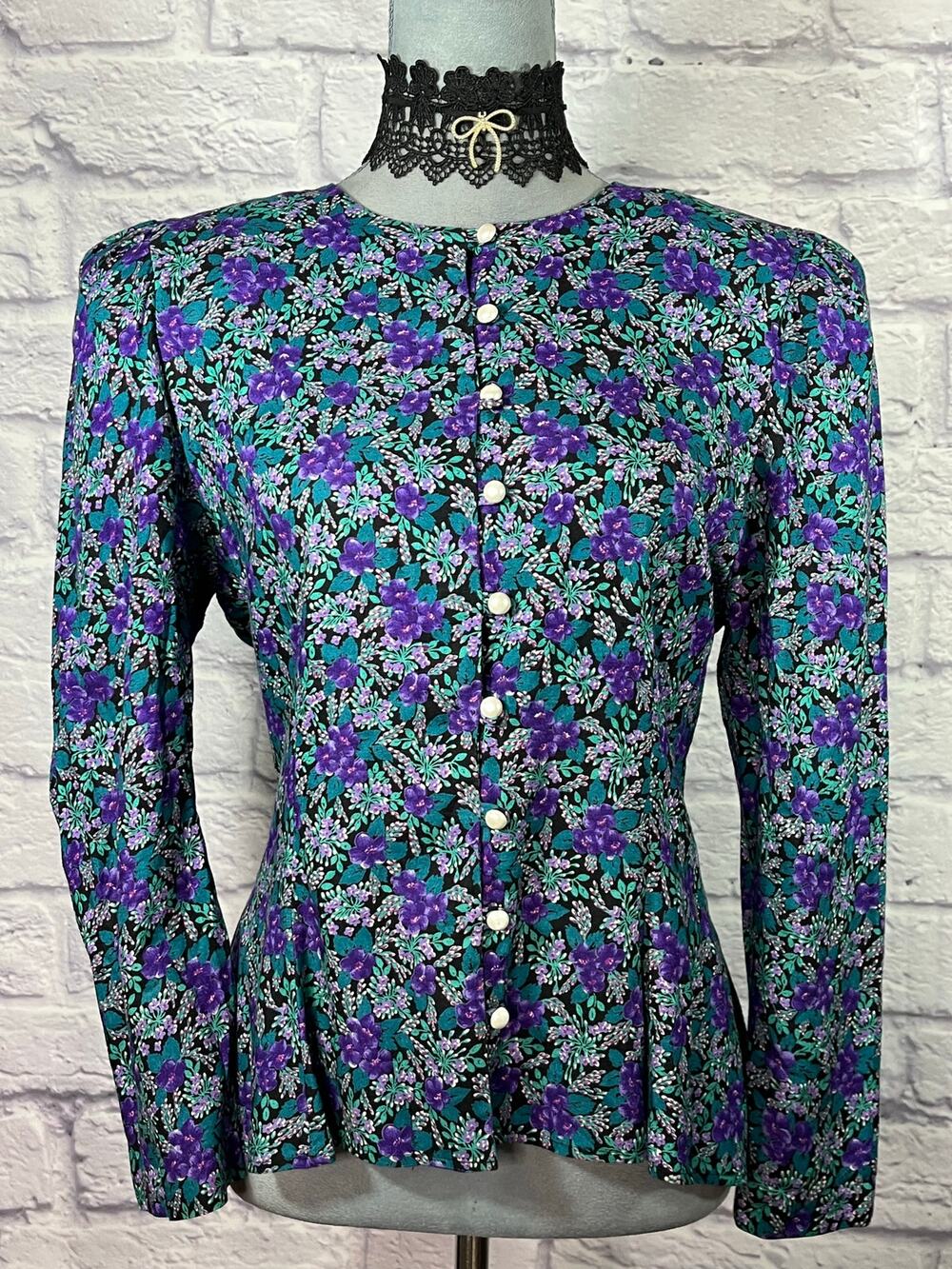 Stunning McClintock Style Victorian Blouse with Violet Pattern & Pearl Buttons